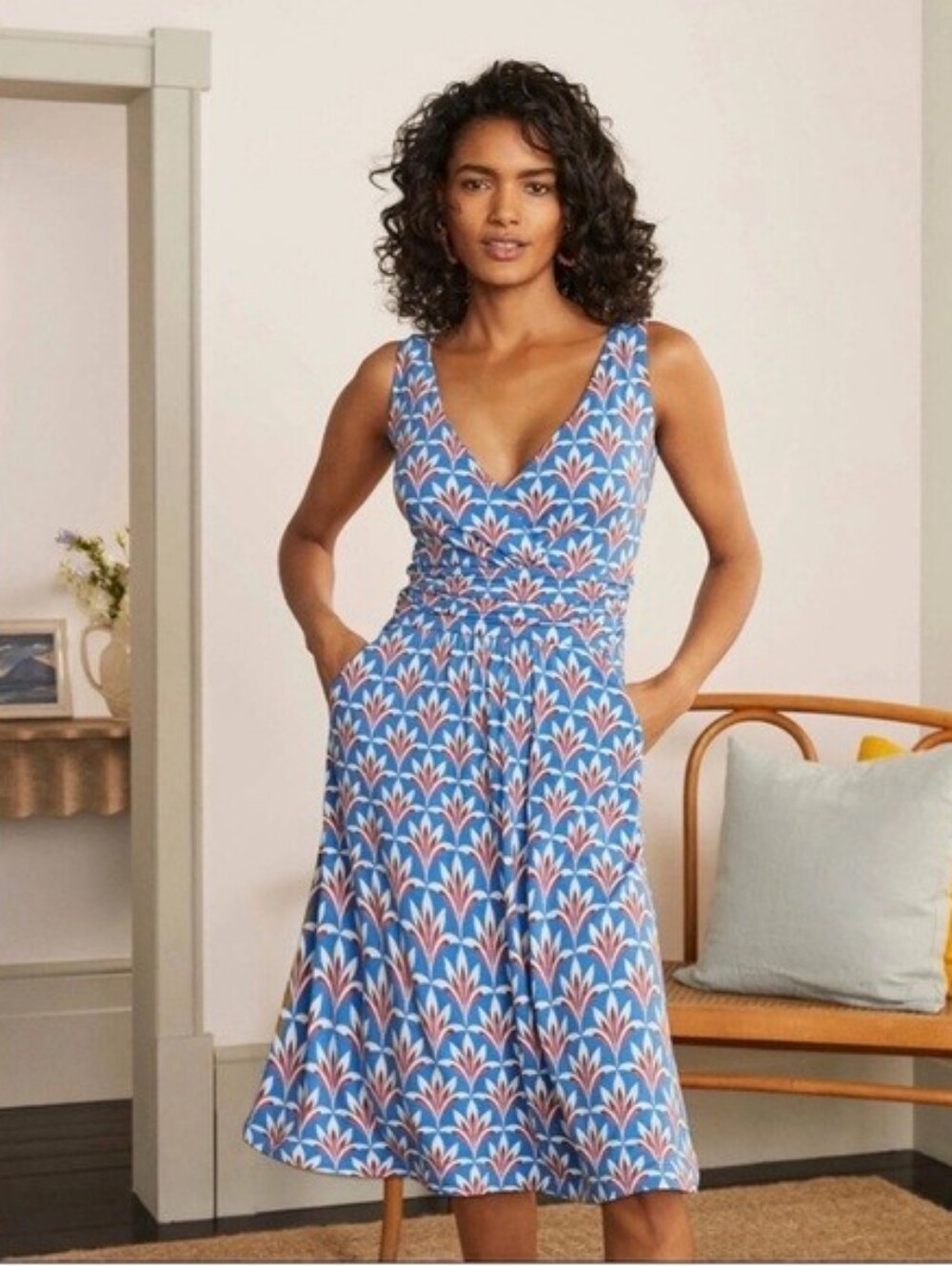 Boden Effie Jersey Dress, MOROCCAN BLUE PALM PETAL, Size 8